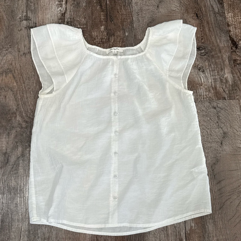 Monday Fun White Flutter Sleeve Button Front Blou… - image 1